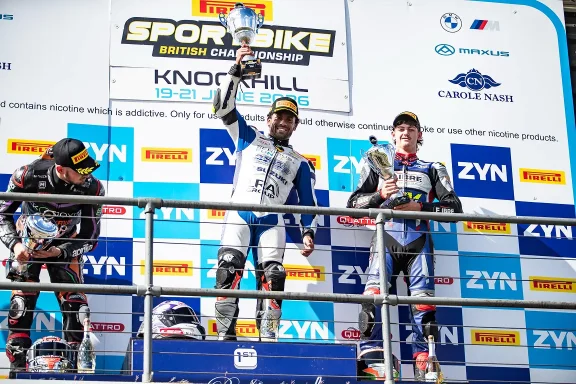 Asher Durham celebrating a win at Knockhill in 2026 British Sportbike Championship